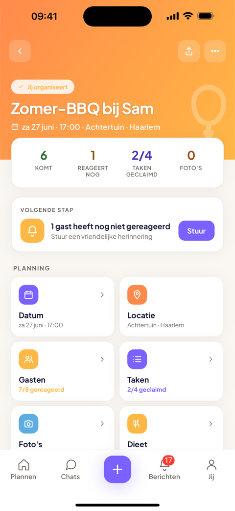 Planski event-dashboard met RSVP-overzicht en planning